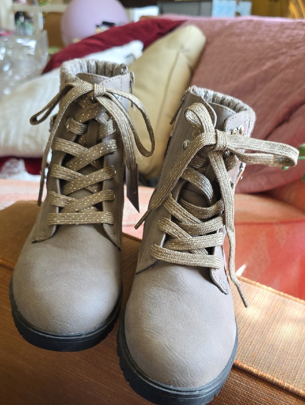 Kids Taupe Lace-Up Ankle Boots - Cozy Winter Style